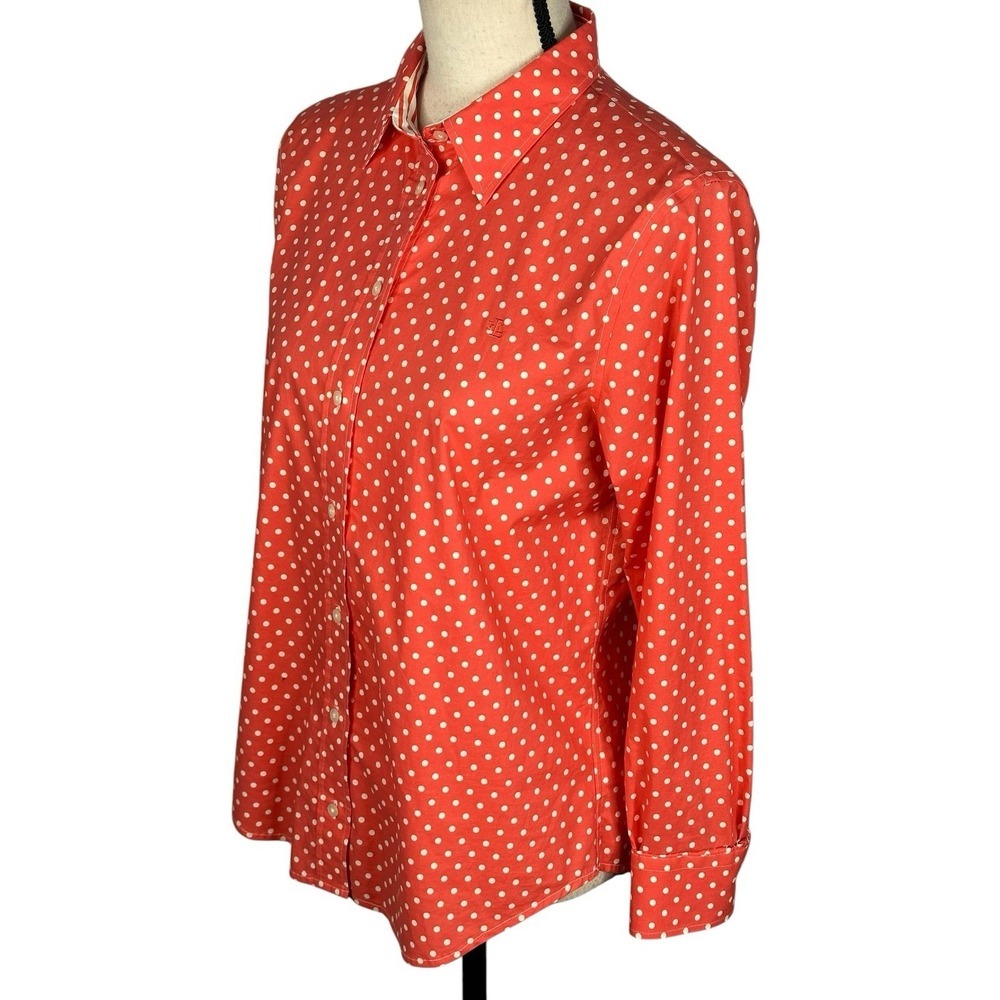 Women's Ralph Lauren Pink White Polka Dot 100% Cotton Blouse Medium - Picture 3 of 13